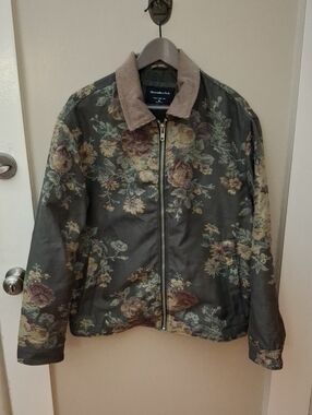 Abercrombie & Fitch Olive Floral Zip-Front Jacket Contrast Corduroy Collar_1